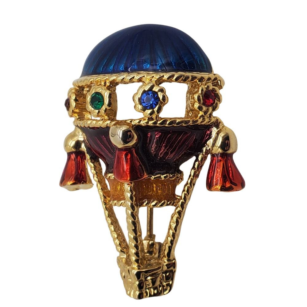 Hot Air Balloon Brooch Enamel Rhinestone Pin Colorful Gold Tone Figural 3D‎ Vtg